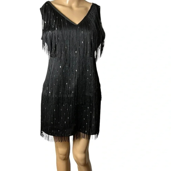 Vtg ,NWT,black tiered,fringes flapper dress,XL Gatsby vibe,dark romantic,goth - Picture 1 of 14